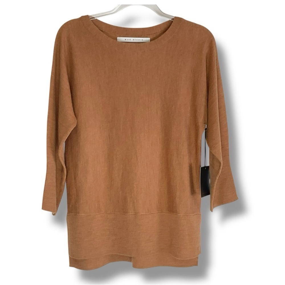 Max Studio Sweater Merino Wool Brown Camel Tan Longsleeve‎ Womens Size Small NWT